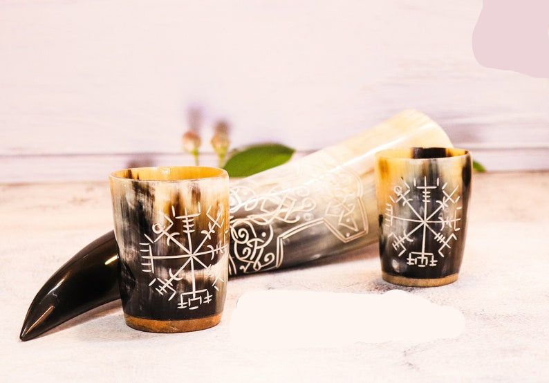 Handcrafted Viking Drinking Horn Set Thor Hammer Cup and Shot Glasses