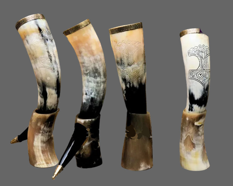 Viking Drinking Horn Set Thor Hammer Engraved Mead Cup with Stand