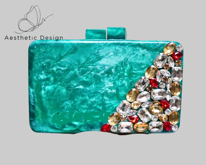 Wood Resin Hand Clutch - Unique Floral Design with Gemstones