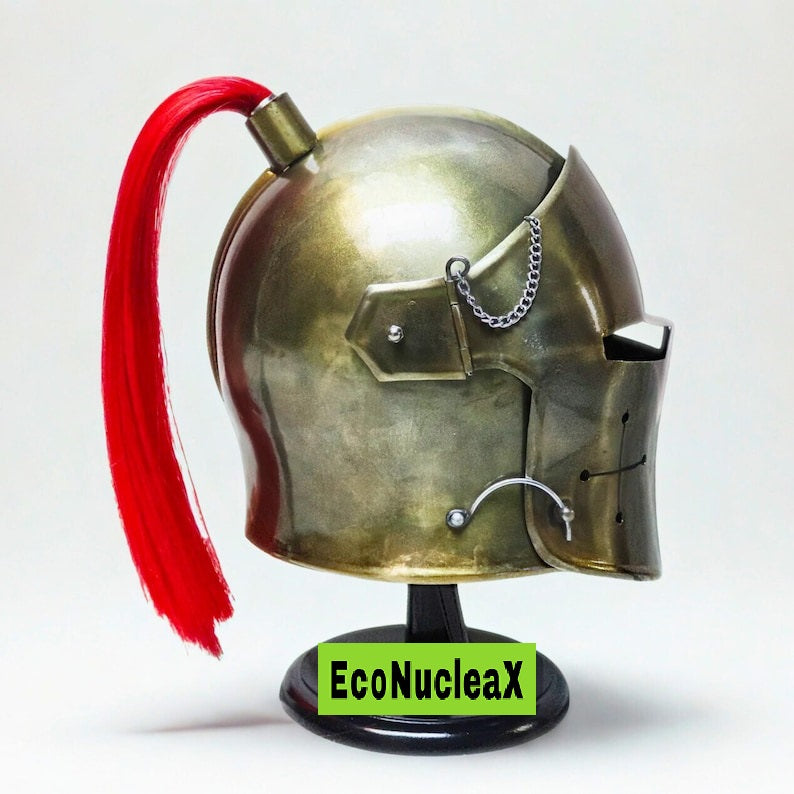 Barbute Helmet Medieval Wearable Steel Armor (Red Plume, Stand Included)