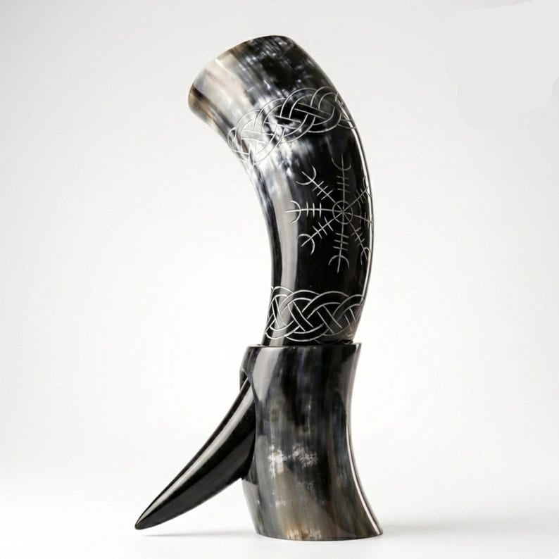 Viking Drinking Horn with Fitted Stand  Nordic Style Ox Horn Mug for Mead & Beer