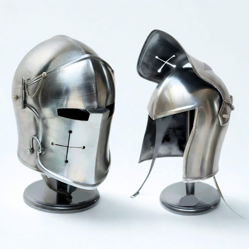 Polished Steel Barbute Helmet Medieval Knight Role Play, with Stand