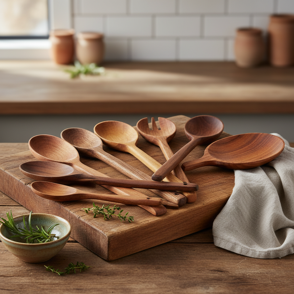 EcoNucleax Handcrafted Wooden Spoons Set of 8 in rustic kitchen setting