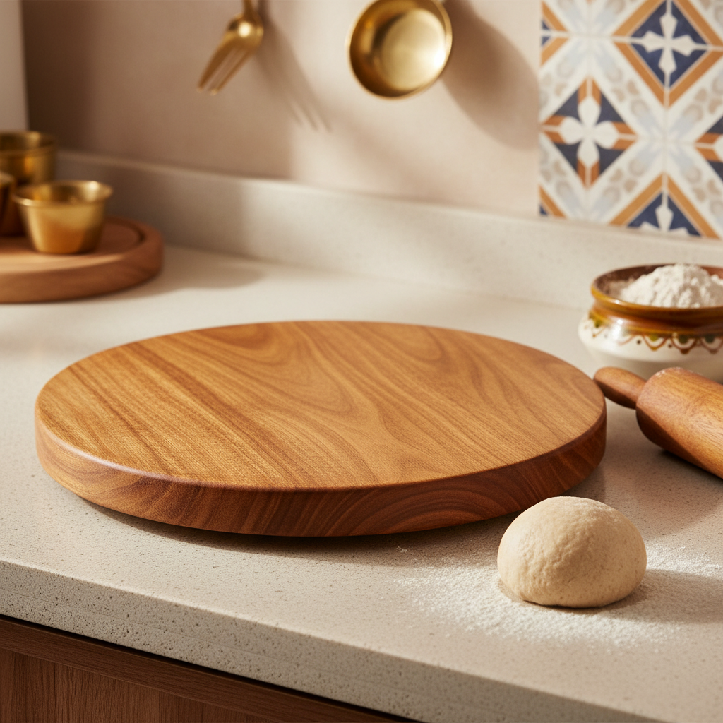 EcoNucleax Handcrafted Wooden Chackala for rolling dough in traditional Indian kitchen