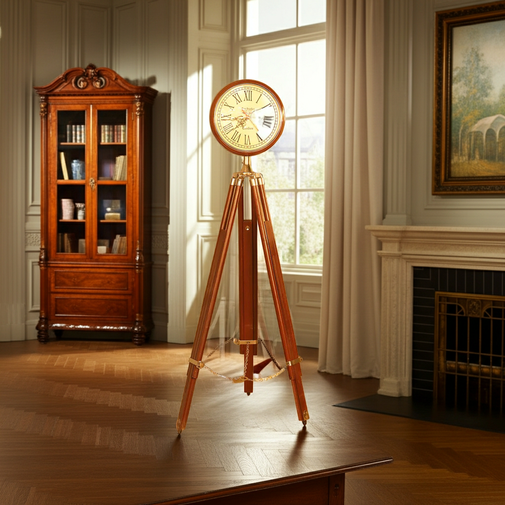 Analog Clock with Adjustable Height Wooden Tripod Stand