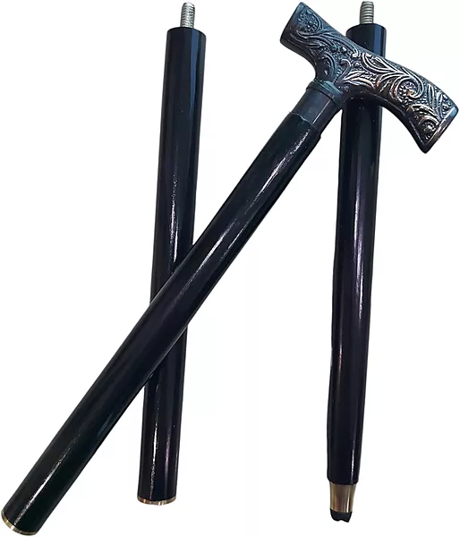 Antique Foldable Brass and Wood Walking Stick, 94 cm Wood Cane with Brass T-Handle, Golden Floral Design, Unisex