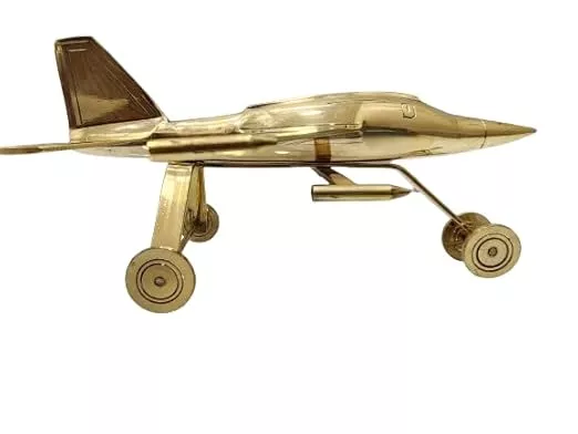 Decorative Brass Aircraft Model, Vintage Style Fighter Jet Showpiece, Gold-Toned Metal Collectible