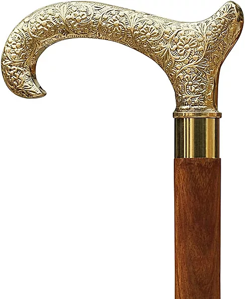 Decorative Walking Stick, 94 cm Ebony Wood Cane with Brass T-Handle, Golden Floral Design, Unisex