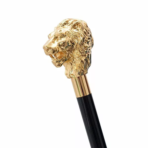 Designer Lion Head Walking Stick, Gold Brass Handle with Black Wooden Shaft, 36 Inch, Vintage Decorative Cane for Wedding, Costume and Gifting