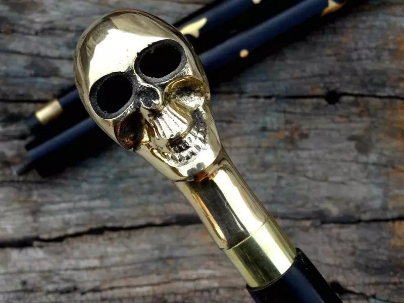 Designer Walking Stick, Black, Brass Skull Head Handle, 36 Inches, Vintage Style, Wedding Cane