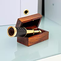 Antique Brass Telescope, 17.8 cm Extended Length, 8.9 cm Collapsed Length, Wooden Box