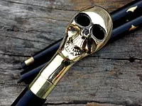 Designer Walking Stick, Black, Brass Skull Head Handle, 36 Inches, Vintage Style, Wedding Cane