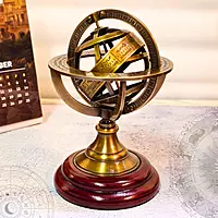 Antique Vintage Armillary Sphere Showpiece, Brass and Wood Table Décor, Celestial Astronomical Model with Wooden Base