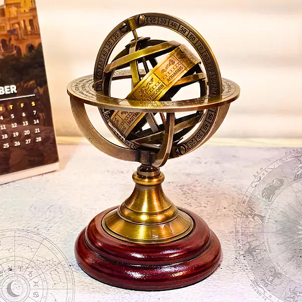 Antique Vintage Armillary Sphere Showpiece, Brass and Wood Table Décor, Celestial Astronomical Model with Wooden Base