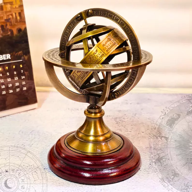 Antique Vintage Armillary Sphere Showpiece, Brass and Wood Table Décor, Celestial Astronomical Model with Wooden Base