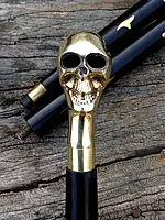 Designer Walking Stick, Black, Brass Skull Head Handle, 36 Inches, Vintage Style, Wedding Cane