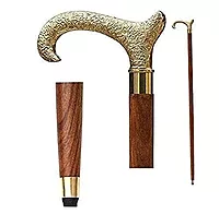 Decorative Walking Stick, 94 cm Ebony Wood Cane with Brass T-Handle, Golden Floral Design, Unisex