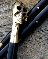 Designer Walking Stick, Black, Brass Skull Head Handle, 36 Inches, Vintage Style, Wedding Cane