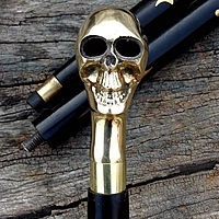 Designer Walking Stick, Black, Brass Skull Head Handle, 36 Inches, Vintage Style, Wedding Cane