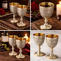 Decorative Brass Wine Goblet with Wooden Box, 16.3 x 8.1 cm, Gold Finish