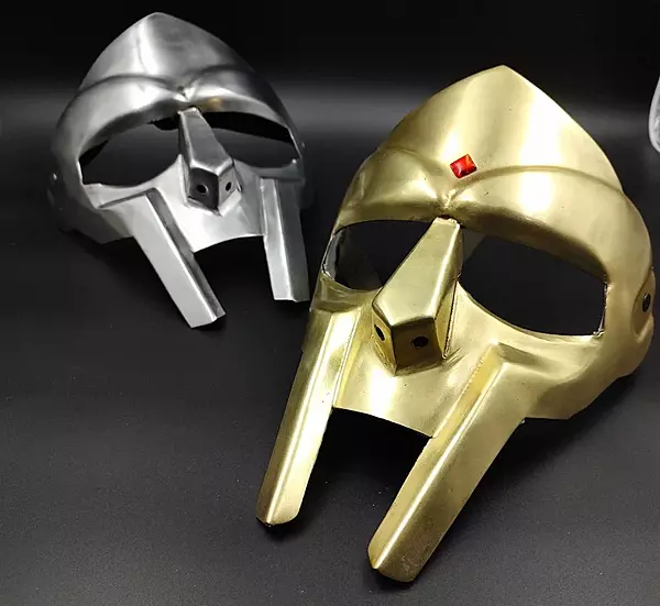 Brass MF DOOM Mask, Gladiator Style Helmet, Metallic Gold and Silver Finish, Cosplay Prop