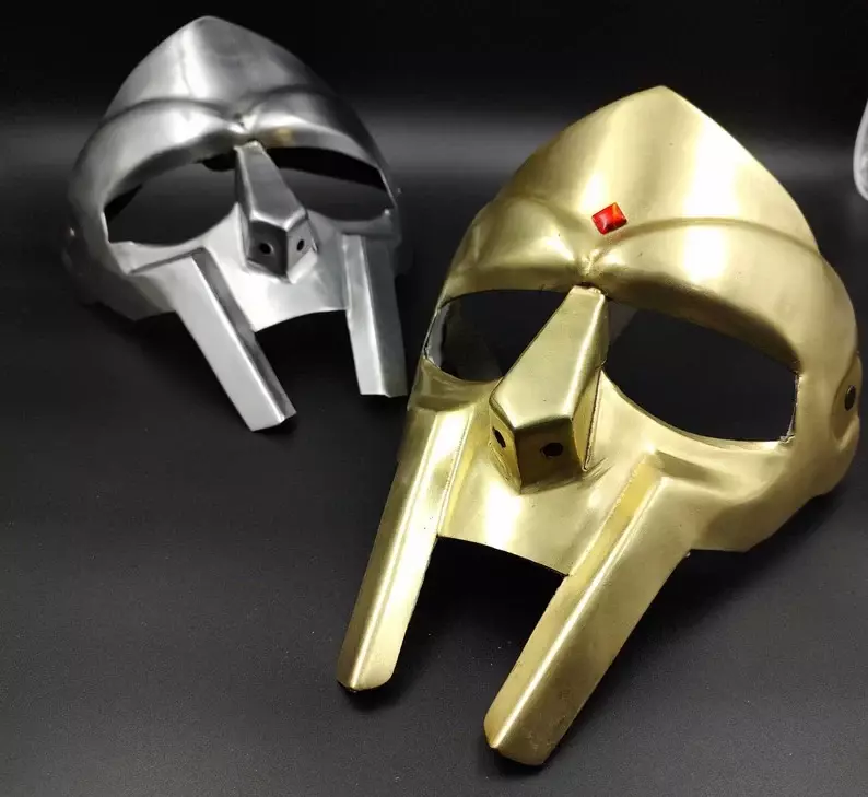 Brass MF DOOM Mask, Gladiator Style Helmet, Metallic Gold and Silver Finish, Cosplay Prop